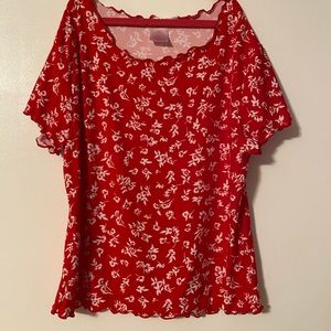 Two piece red with white flowers, shirt and skirt